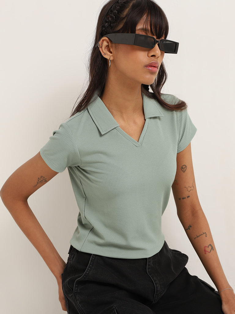 Nuon Green Ribbed Polo Neck T-Shirt