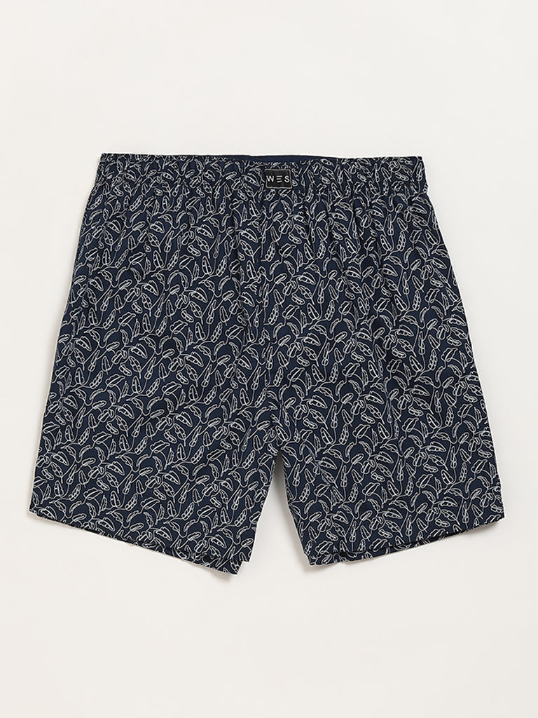 WES Lounge Navy Printed Relaxed-Fit Cotton Boxers - Pack of 2