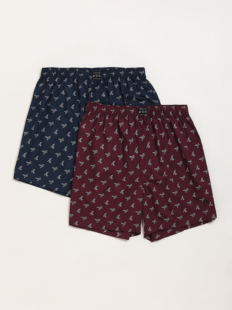 WES Lounge Wine & Navy Printed Relaxed-Fit Cotton Boxers - Pack of 2