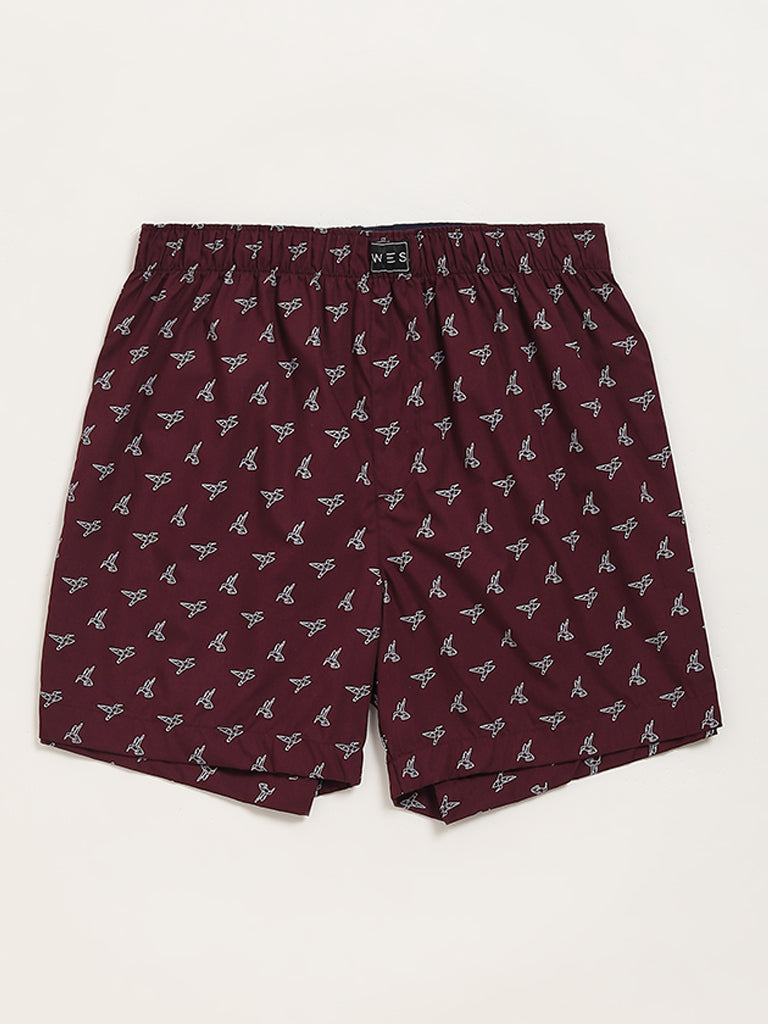 WES Lounge Wine & Navy Printed Relaxed-Fit Cotton Boxers - Pack of 2