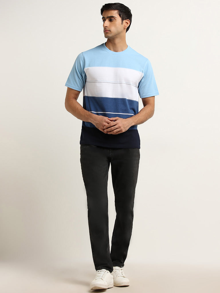 WES Lounge Blue Striped Cotton Blend Relaxed Fit T-Shirt