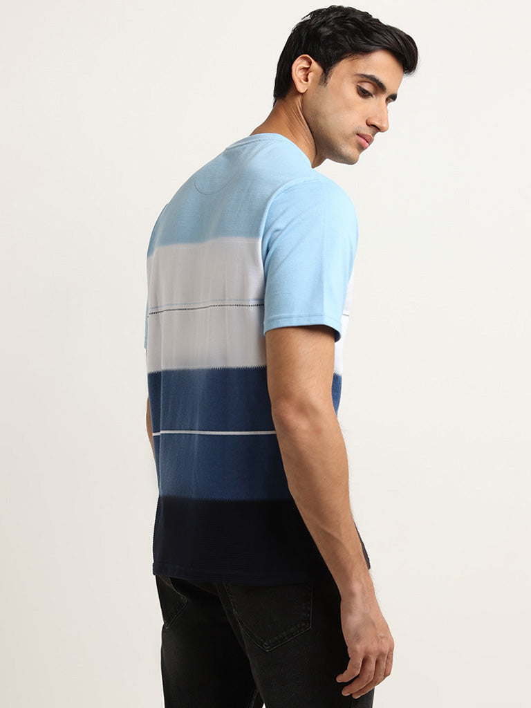 WES Lounge Blue Striped Cotton Blend Relaxed Fit T-Shirt