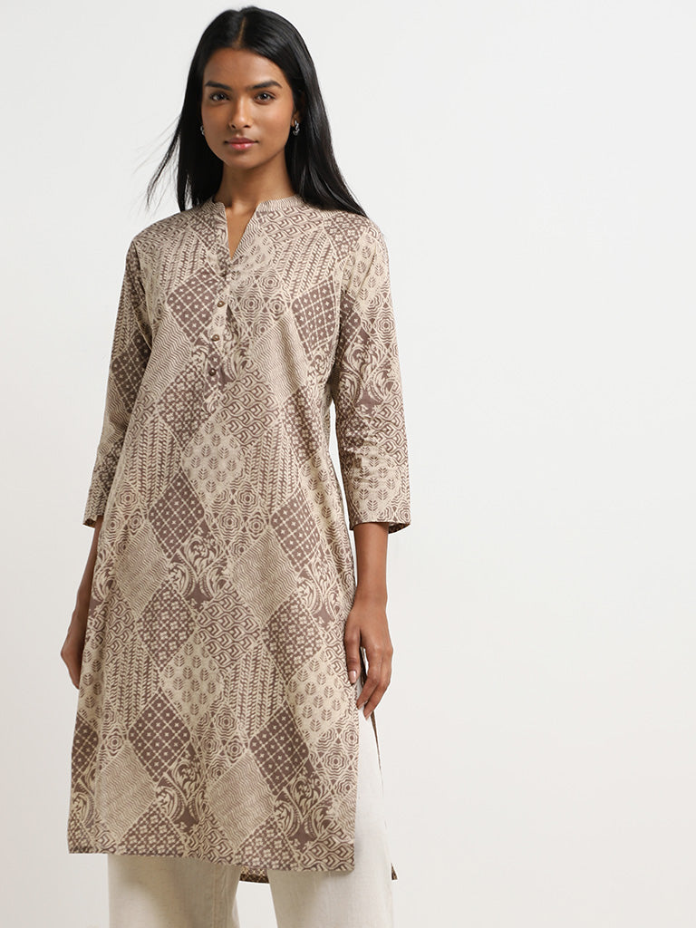 Utsa Light Taupe Abstract Design A-Line Kurta