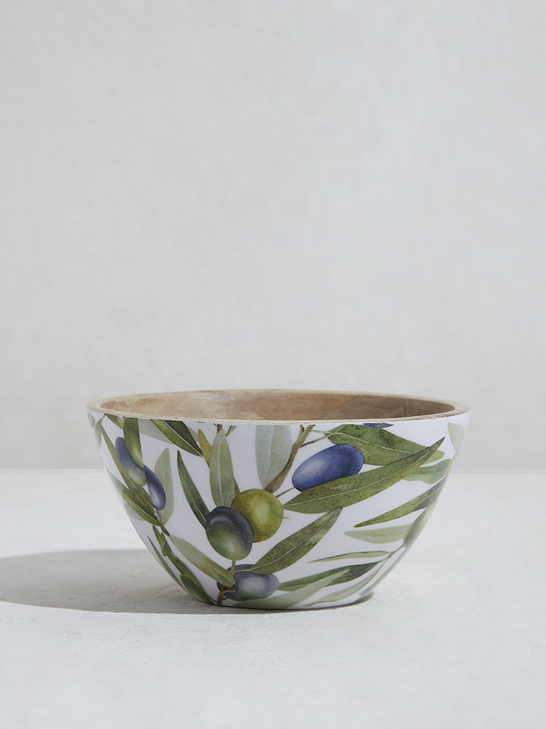 Westside Home Olive Green Foliage Printed Wooden Bowl-Small