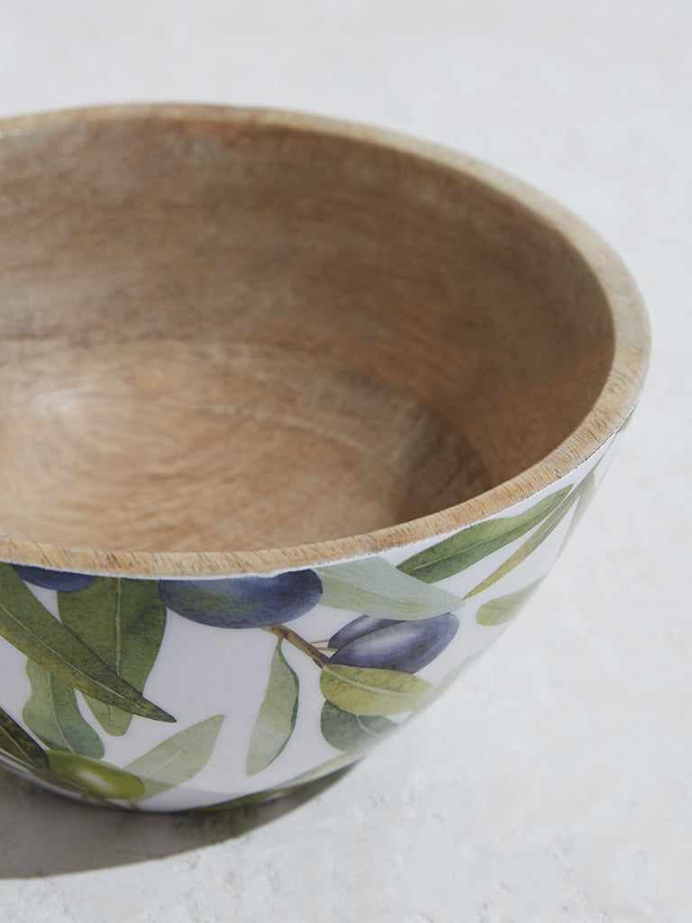 Westside Home Olive Green Foliage Printed Wooden Bowl-Small