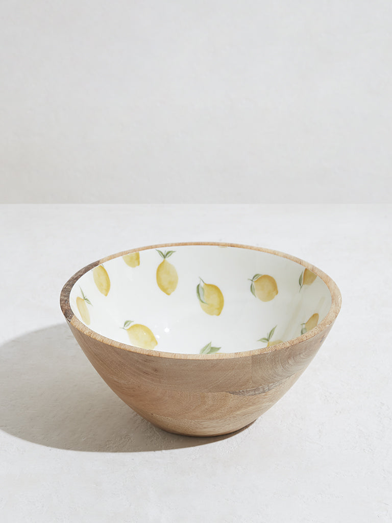 Westside Home Lemon Yellow Foliage Printed Wooden Bowl