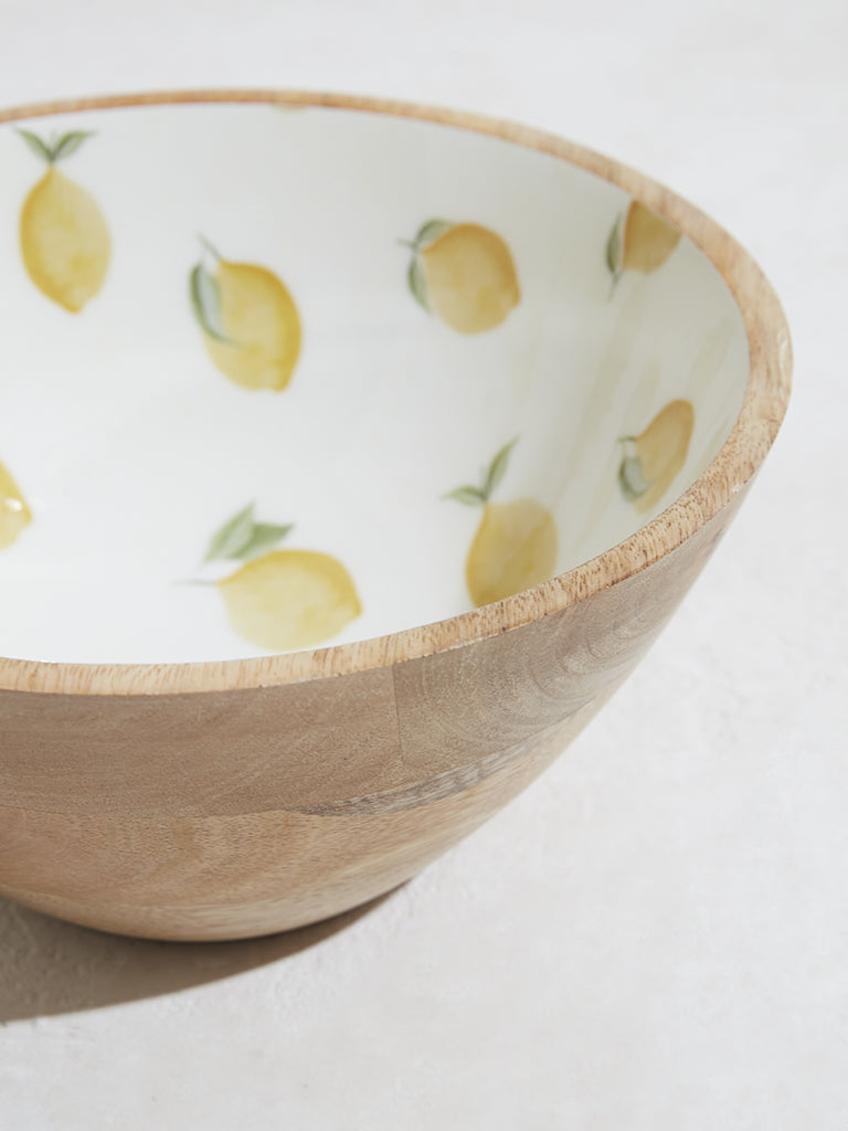 Westside Home Lemon Yellow Foliage Printed Wooden Bowl