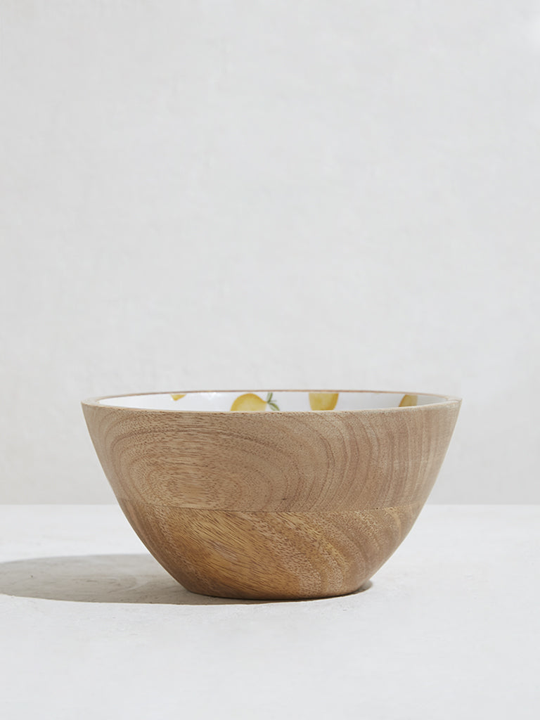 Westside Home Lemon Yellow Foliage Printed Wooden Bowl-Small