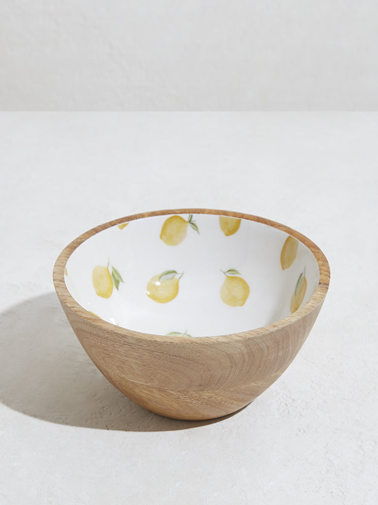 Westside Home Lemon Yellow Foliage Printed Wooden Bowl-Small