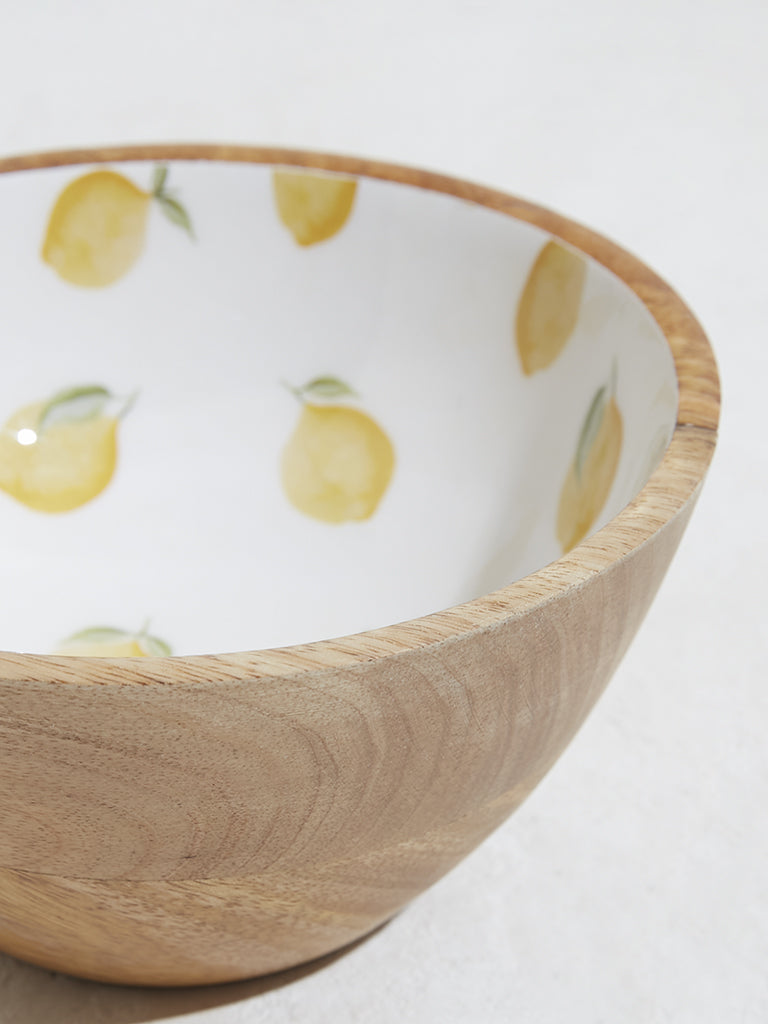 Westside Home Lemon Yellow Foliage Printed Wooden Bowl-Small