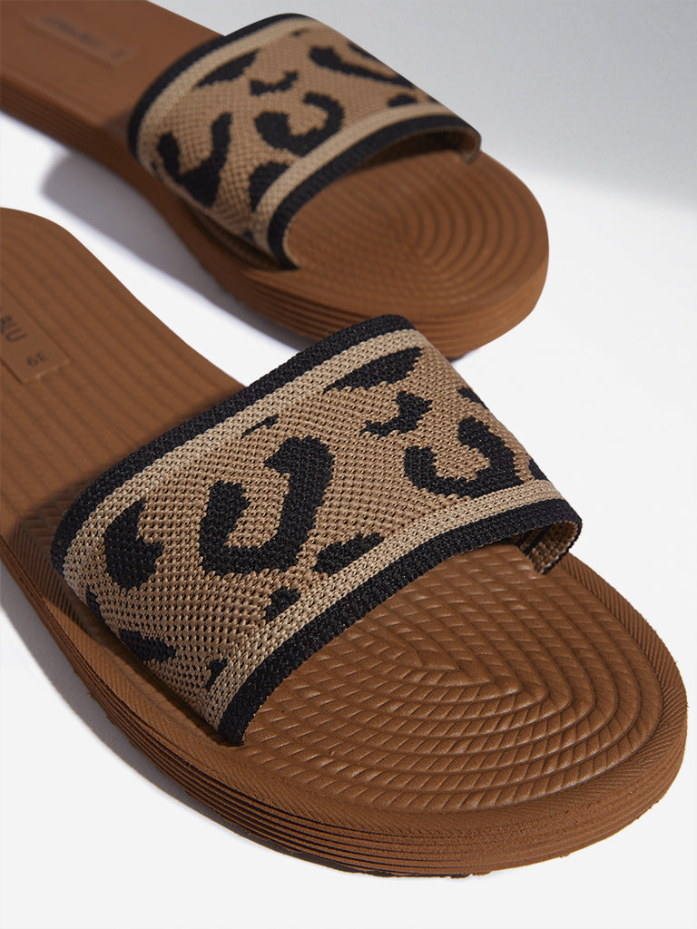 LUNA BLU Beige Animal Printed Knit Textured Slides