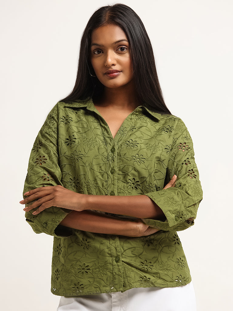 LOV Green Cotton Schiffli Shirt