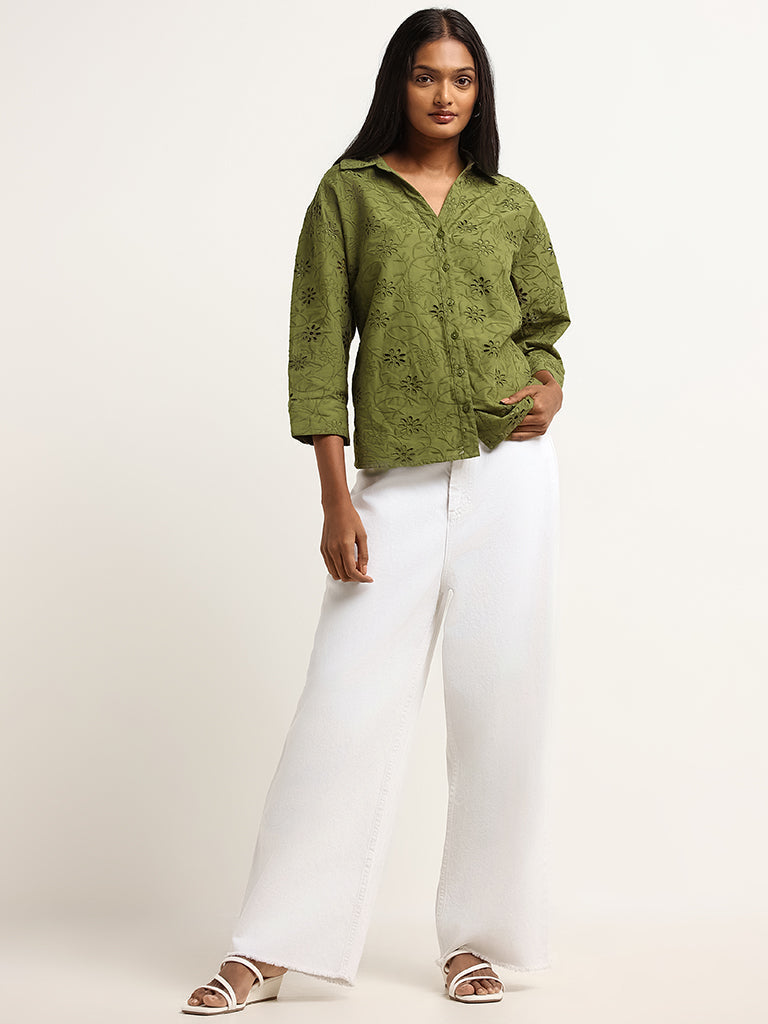 LOV Green Cotton Schiffli Shirt