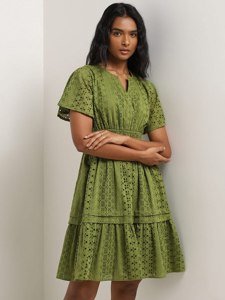 LOV Green Schiffli Cotton Tiered Dress