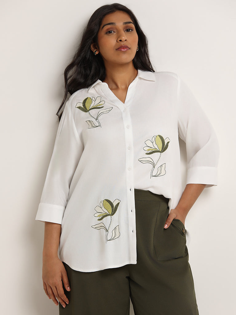 Gia White Loose Fit Floral Embroidered Shirt