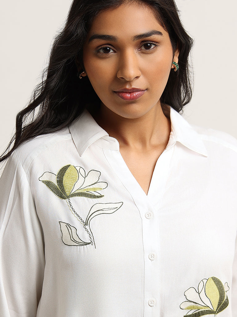 Gia White Loose Fit Floral Embroidered Shirt