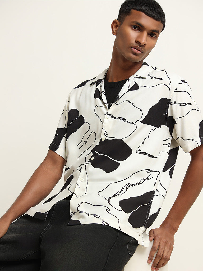 Nuon White Abstract Print Relaxed Fit Shirt