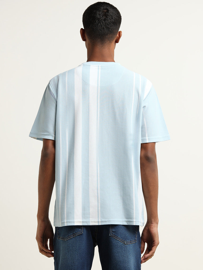 Nuon Light Blue Striped Cotton Blend Slim Fit T-Shirt