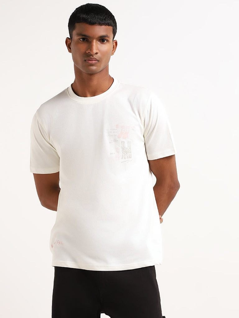 Nuon Cream Printed Slim Fit T-Shirt