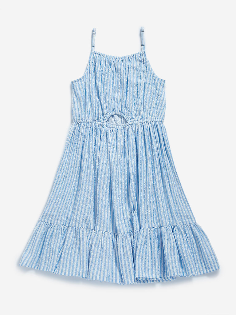 Y&F Kids Blue Stripe Printed Tiered Dress