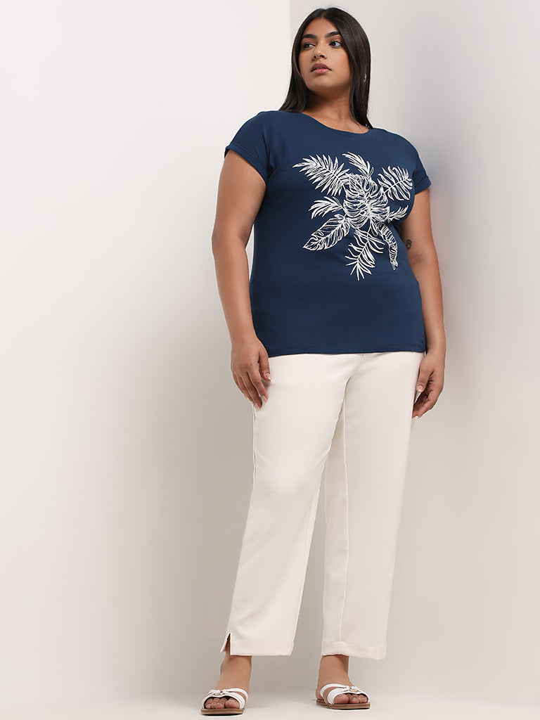 Gia Dark Blue Leaf Embossed Cotton Top