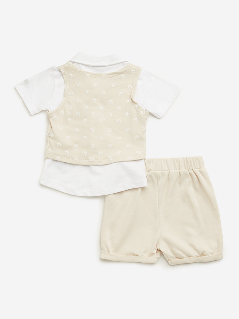 HOP Baby Beige Shirt, Shorts, Waistcoat & Bow Set