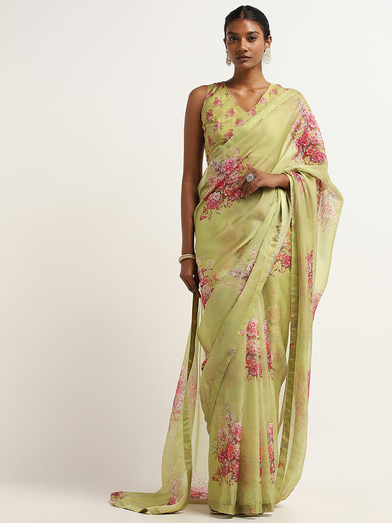 Vark Green Floral Printed Saree with Blouse