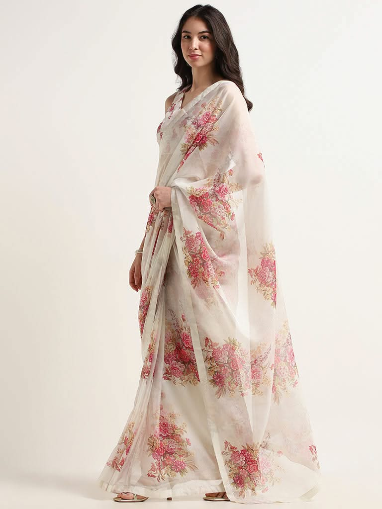 Vark Off-White Floral Printed Saree with Blouse