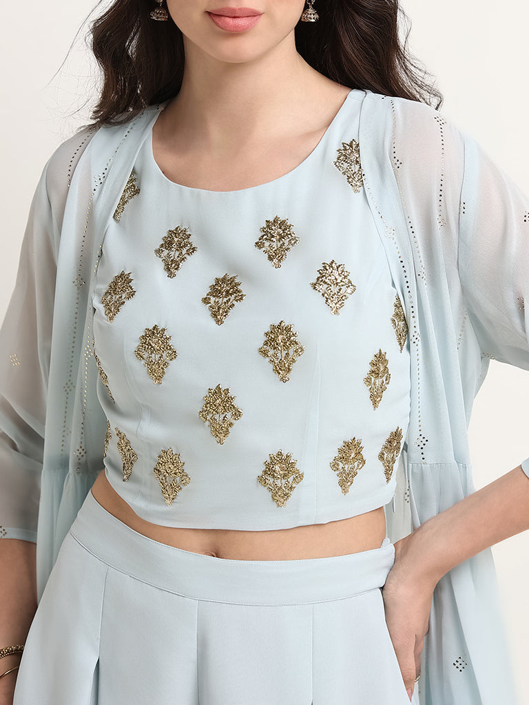 Vark Blue Embroidered Crop Top, Overlay and Palazzos Set