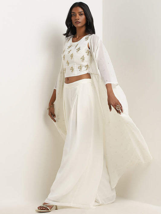 Vark White Floral Embellishment Crop Top, Palazzos and Shrug Set