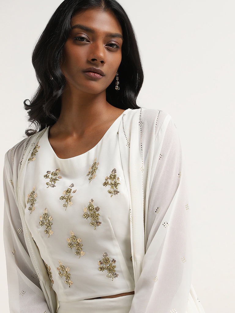 Vark White Floral Embellishment Crop Top, Palazzos and Shrug Set