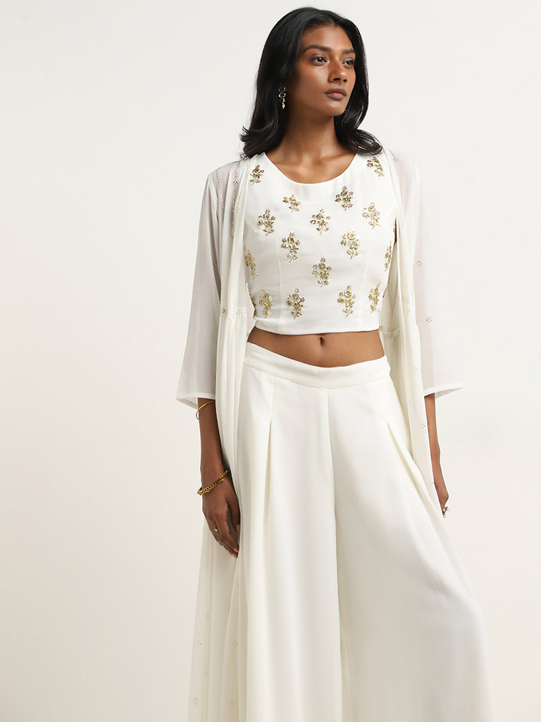 Vark White Floral Embellishment Crop Top, Palazzos and Shrug Set