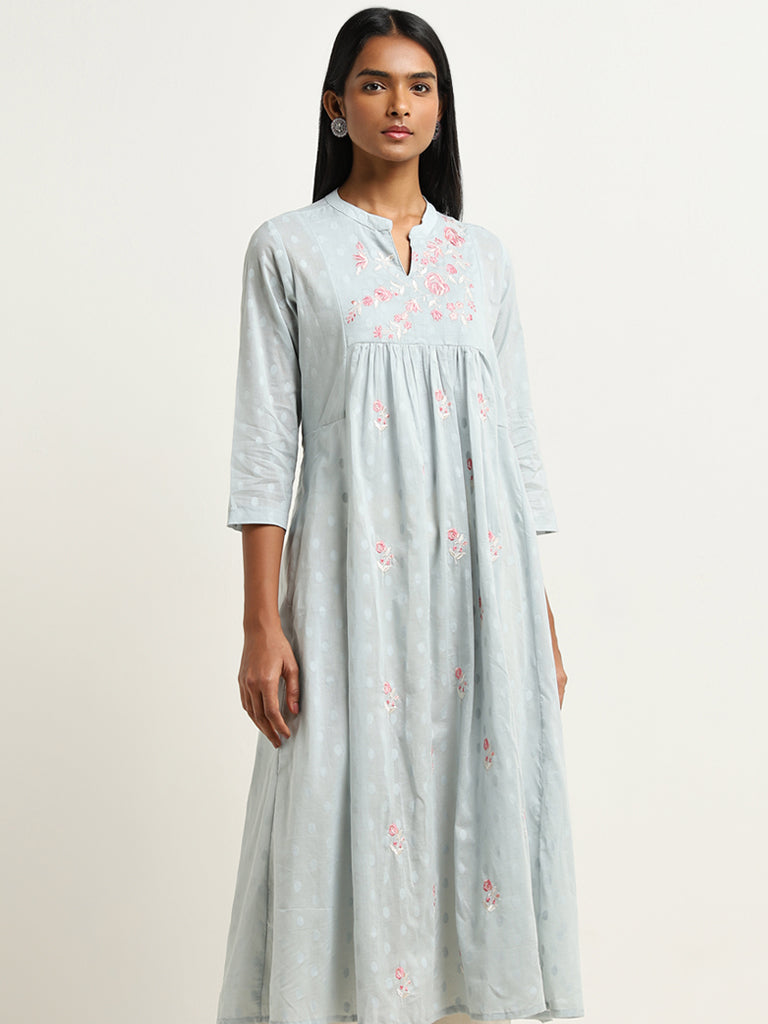 Utsa Light Blue Floral Embroidered A-Line Cotton Kurta