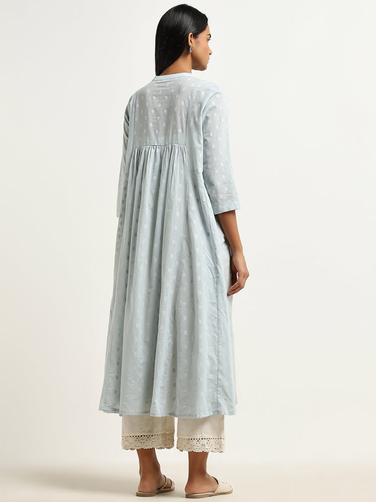 Utsa Light Blue Floral Embroidered A-Line Cotton Kurta