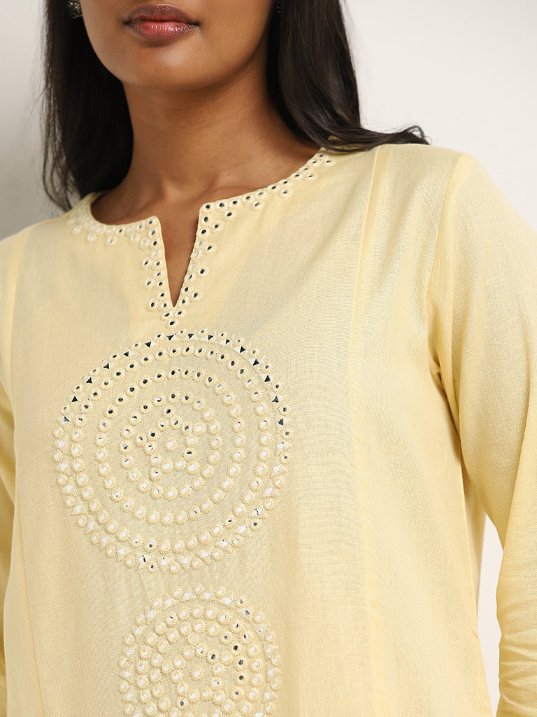 Utsa Yellow Mirror Detailed A-Line Cotton Blend Kurta