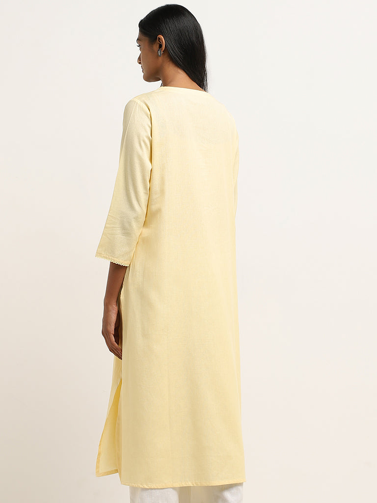 Utsa Yellow Mirror Detailed A-Line Cotton Blend Kurta