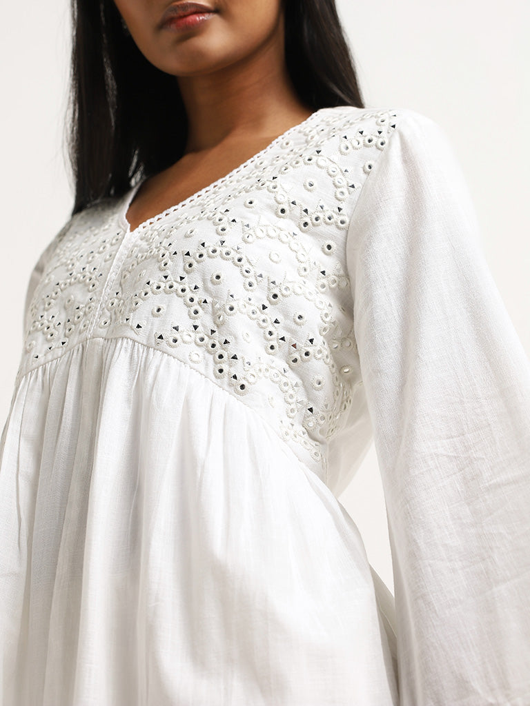 Utsa White Embroidered Cotton A-Line Kurta