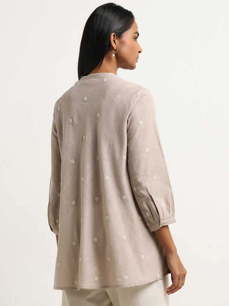 Utsa Taupe Embroidered A-Line Cotton Kurti