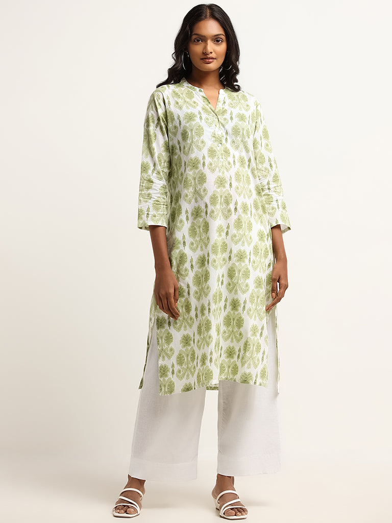 Utsa Green Leaf Print Cotton Blend Kurta