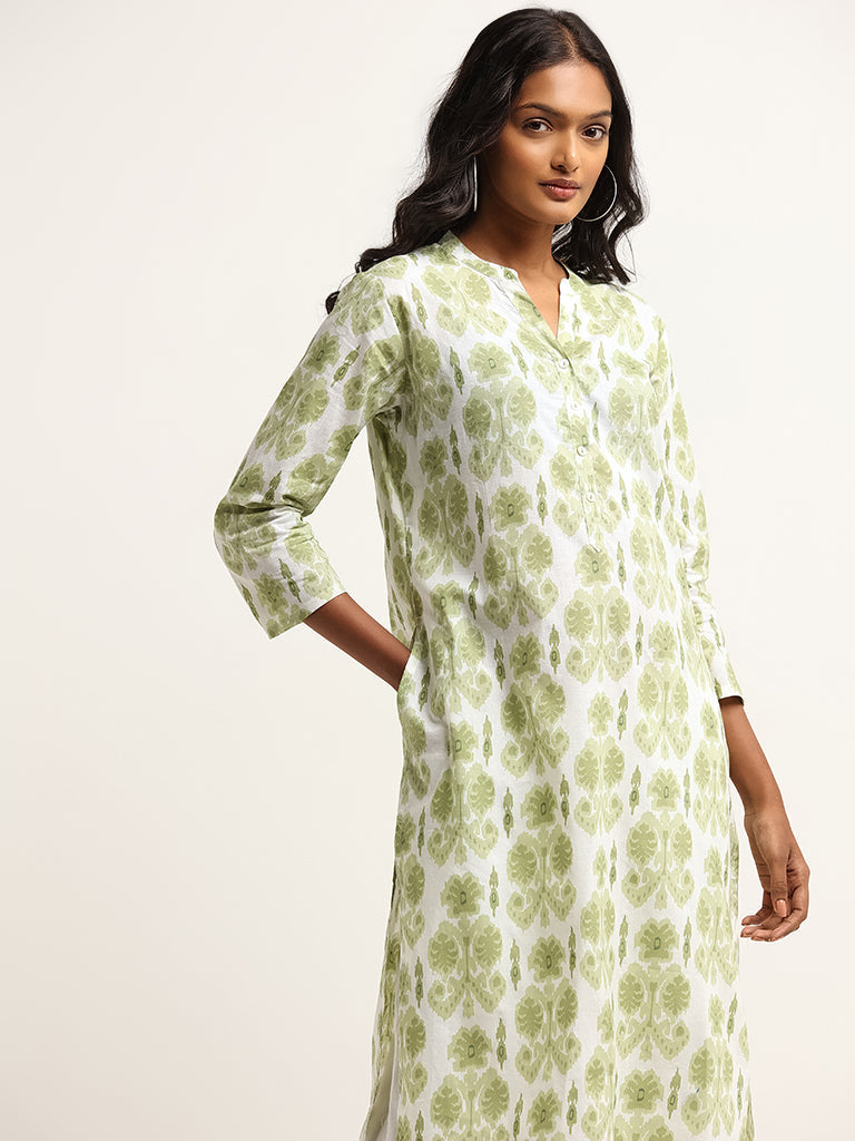 Utsa Green Leaf Print Cotton Blend Kurta