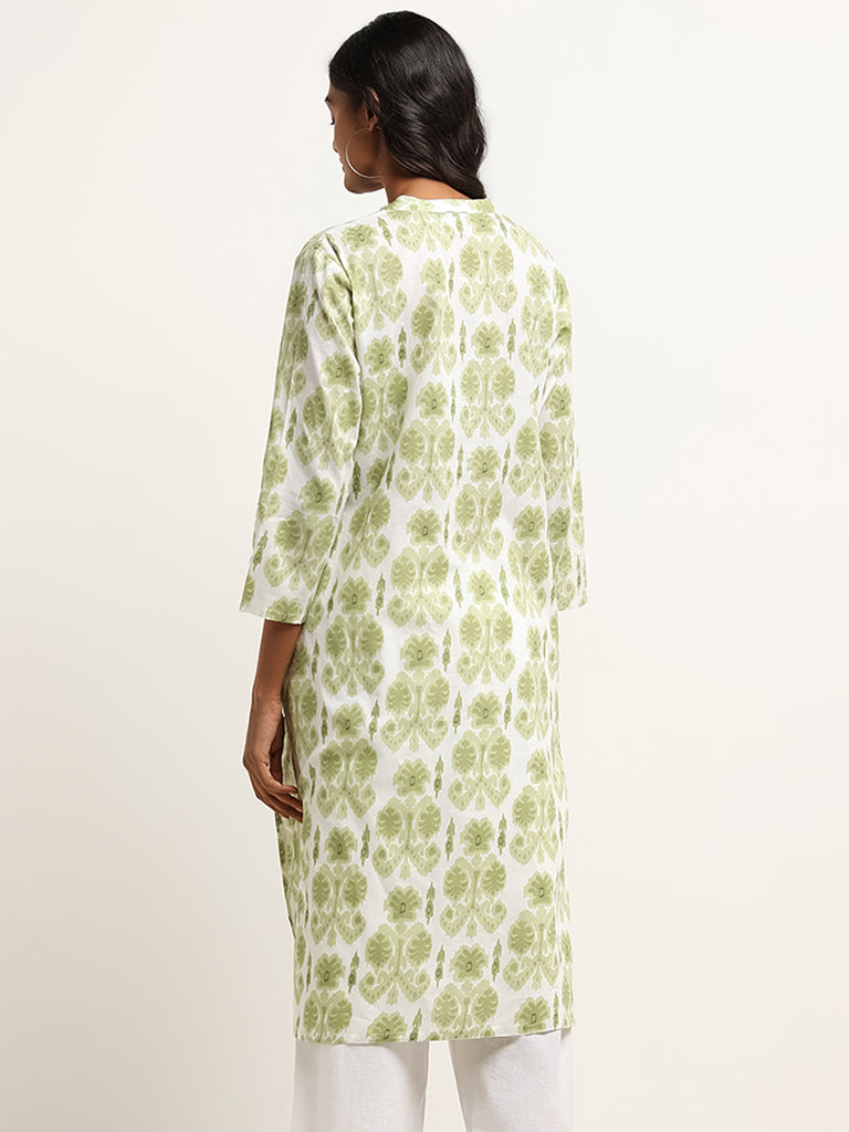 Utsa Green Leaf Print Cotton Blend Kurta