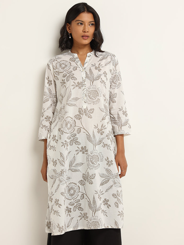 Utsa Light Grey Straight Fit Floral Print Cotton Kurta