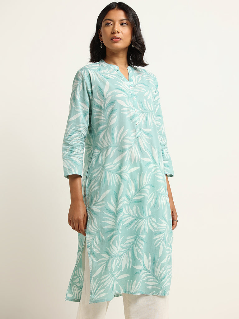 Utsa Turquoise Straight Fit Printed Cotton Kurta