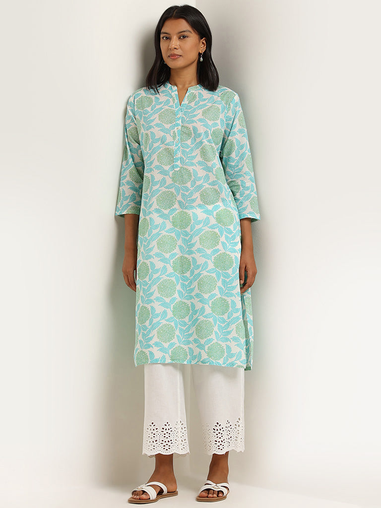 Utsa Turquoise Floral Printed Cotton Straight Kurta