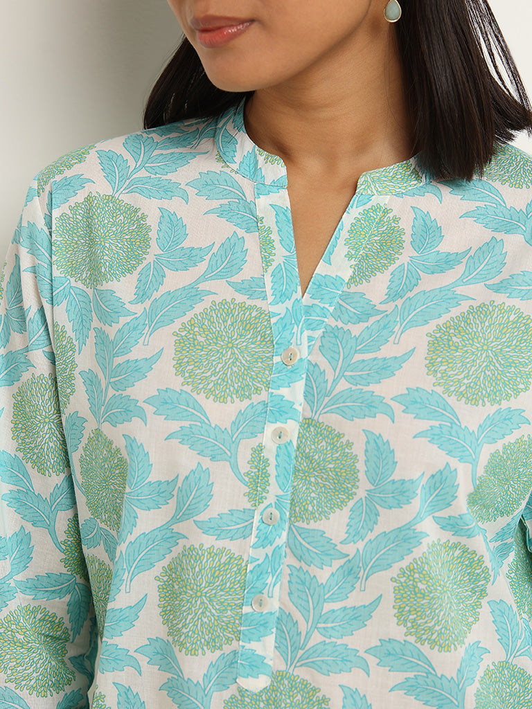 Utsa Turquoise Floral Printed Cotton Straight Kurta