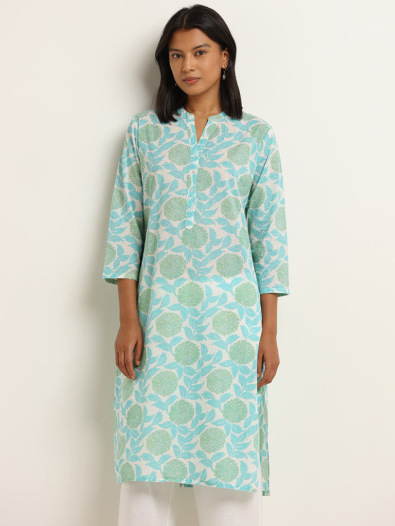 Utsa Turquoise Floral Printed Cotton Straight Kurta