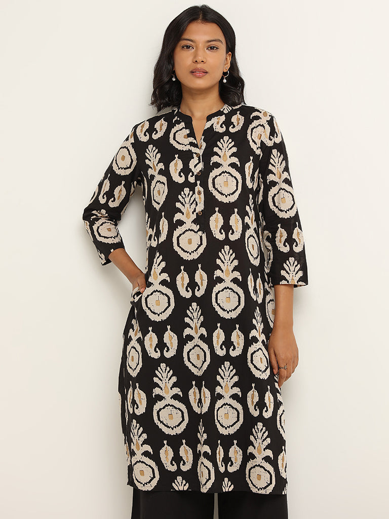 Utsa Black Straight Fit Printed Cotton Kurta