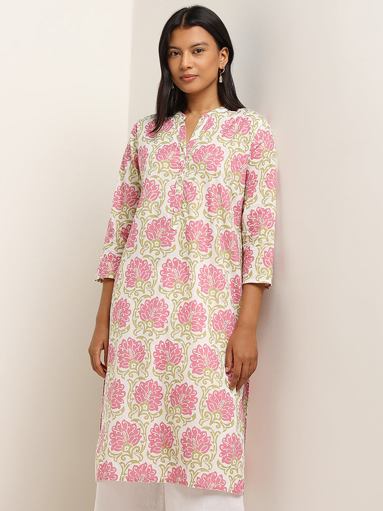 Utsa Pink Floral Printed Cotton Straight Kurta