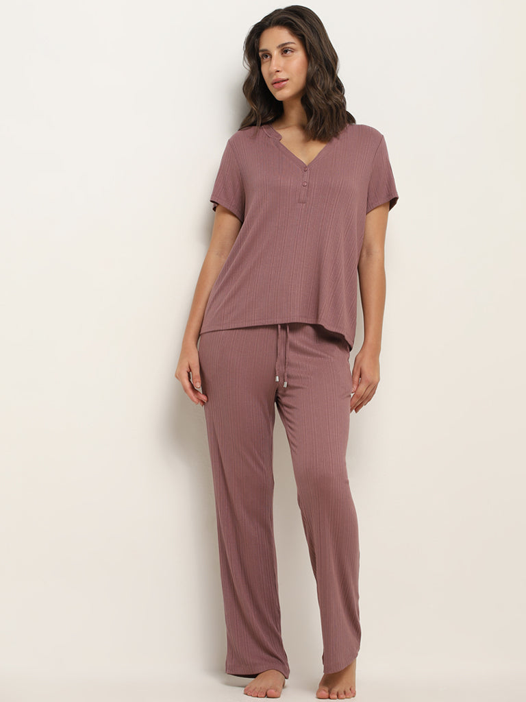 Wunderlove Dark Mauve Ribbed Mid Rise Pyjamas