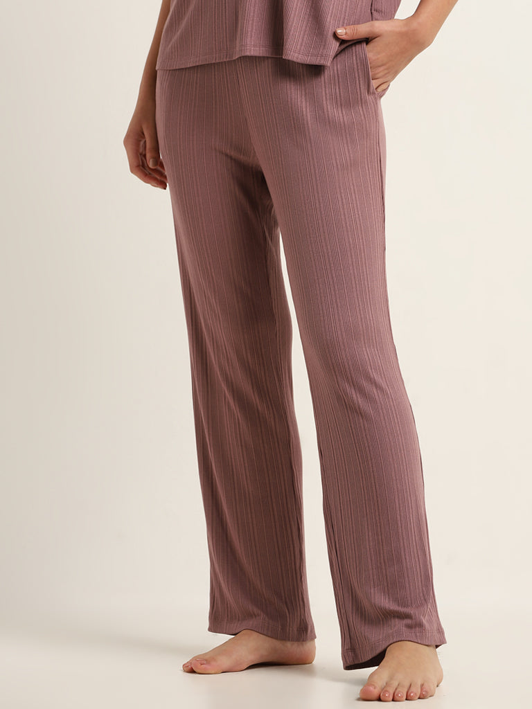 Wunderlove Dark Mauve Ribbed Mid Rise Pyjamas